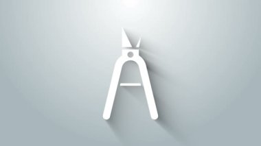 Gri arkaplanda izole edilmiş simgeyi budamak için beyaz bahçe makası. Ahşap saplı budama makası. 4K Video hareketli grafik canlandırması