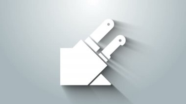 Beyaz Bıçak simgesi gri arkaplanda izole edildi. Çatal bıçak sembolü. 4K Video hareketli grafik canlandırması