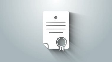 Gri arkaplanda beyaz sertifika şablonu simgesi izole edildi. Başarı, ödül, diploma, burs, diploma. İş başarısı sertifikası 4K Video hareketli grafik canlandırması