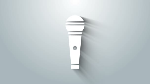 White Microphone icon isolated on grey background. On air radio mic microphone. Speaker sign. 4K Video motion graphic animation — Stock Video