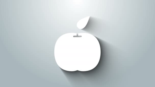 화이트 애플 아이콘은 회색 배경에서 분리되었습니다. 나뭇잎 무늬가 있는 과일. 4K 비디오 모션 그래픽 애니메이션 — 비디오