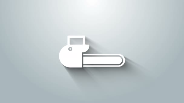 Fehér láncfűrész ikon elszigetelt szürke háttérrel. 4K Videó mozgás grafikus animáció — Stock videók