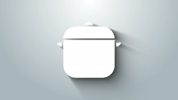 Icono de olla de cocina blanca aislado sobre fondo gris. Hervir o guisar el símbolo de la comida. Animación gráfica de vídeo 4K — Vídeos de Stock