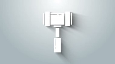 Beyaz Yargıç Tokmak simgesi gri arka planda izole edildi. Gavel cezaların, faturaların, mahkemenin, adaletin hükmünü verecek. Açık arttırma çekici. 4K Video hareketli grafik canlandırması