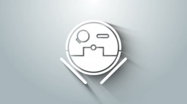 Beyaz Robot elektrikli süpürge ikonu gri arka planda izole edildi. Otomatik süpürme için ev aletleri, ev temizliği için dijital cihazlar. 4K Video hareketli grafik canlandırması