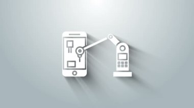 Gri arka planda izole edilmiş beyaz endüstriyel robot robot kolu cep telefonu fabrikası ikonu. Endüstriyel robot manipülatörü. 4K Video hareketli grafik canlandırması