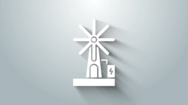 Beyaz Rüzgar türbini simgesi gri arkaplanda izole edildi. Rüzgar jeneratörü işareti. Elektrik üretimi için yel değirmeni. 4K Video hareketli grafik canlandırması