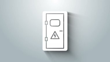Gri arkaplanda beyaz elektrik kabinesi simgesi izole edildi. 4K Video hareketli grafik canlandırması