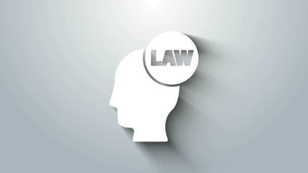 Cabeza blanca con icono de la ley aislado sobre fondo gris. Animación gráfica de vídeo 4K — Vídeos de Stock