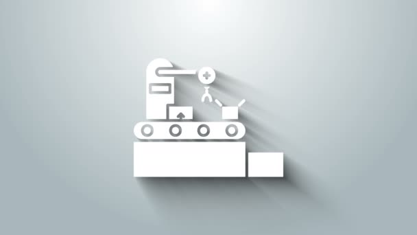 白色工厂输送机系统带纸板箱工程机械图标隔离灰色背景.机器人工业的概念。4K视频运动图形动画 — 图库视频影像
