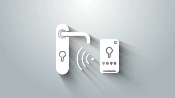 Weißes digitales Türschloss mit Funktechnologie zum Entriegeln des Icons isoliert auf grauem Hintergrund. Türklinkenschild. Sicherheit Smart Home. 4K Video Motion Grafik Animation