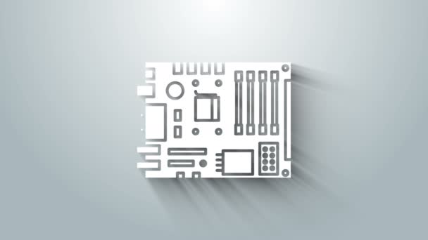 White Electronic computer components motherboard chip digital integrado icono de la ciencia aislado sobre fondo gris. Placa de circuito. Animación gráfica de vídeo 4K — Vídeos de Stock