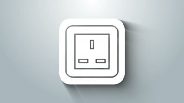 Gri arkaplanda beyaz elektrik çıkış simgesi izole edildi. Elektrik prizi. Rosette sembolü. 4K Video hareketli grafik canlandırması