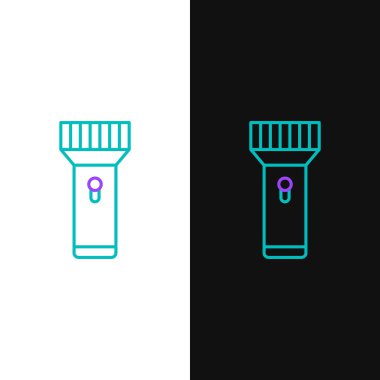 Dalgıç simgesi için çizgi el feneri beyaz ve siyah arkaplanda izole edildi. Su altı ekipmanları. Renkli taslak konsepti. Vektör.