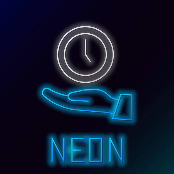 Gloeiende Neon Lijn Klok Pictogram Geïsoleerd Zwarte Achtergrond Tijdsymbool Kleurrijk — Stockvector