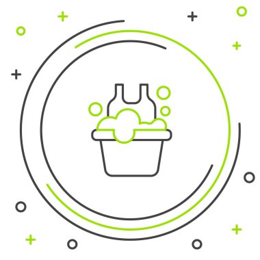 Çizgili plastik leğen ve beyaz arka planda izole edilmiş gömlek simgesi. Sulu kase. Çamaşır yıkama, temizlik malzemeleri. Renkli taslak konsepti. Vektör.