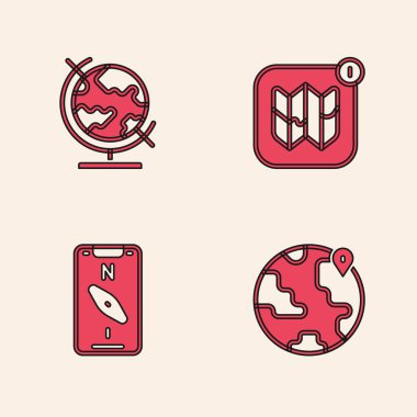 Dünya, Dünya, şehir haritası ve mobil pusula simgesinin konumunu belirleyin. Vektör.