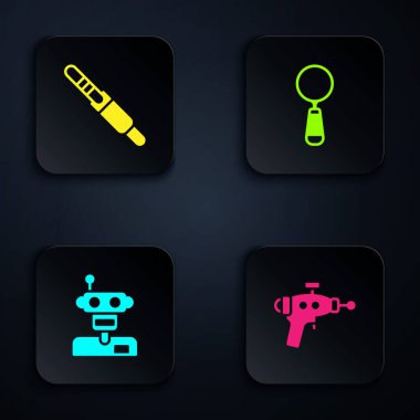 Ray silahını, ses sistemini, robotu ve büyüteçleri ayarla. Siyah kare düğme. Vektör.