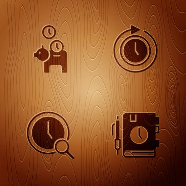 Günlük kağıt not defterini, kumbarayı bozuk parayla büyüteç saati ve saat okunu tahta zemine yerleştir. Vektör.