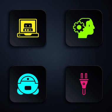 Elektrik prizini ayarla, robot oluştur, robot elektrikli süpürge ve insanımsı. Siyah kare düğme. Vektör.