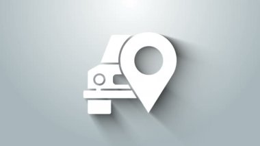 Gri arkaplanda taksi simgesi olan beyaz harita işaretçisi. Konum sembolü. 4K Video hareketli grafik canlandırması