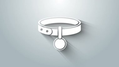 Gri arkaplanda isim etiketi simgesi olan beyaz yakalı. Evcil hayvanlar için basit malzemeler. Kedi köpek bakımı. Evcil hayvan zincirleri. 4K Video hareketli grafik canlandırması