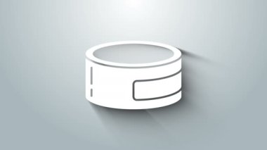 Gri arkaplanda beyaz konserve ikonu izole edilmiş. Hayvanlar için yiyecek. Evcil hayvan yiyeceği kutusu. 4K Video hareketli grafik canlandırması