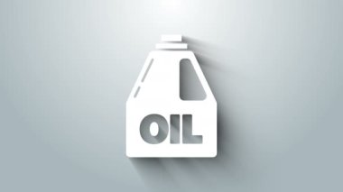 Gri arka planda izole edilmiş motor makine yağı ikonu için beyaz plastik kutu. Benzin bidonu. Yağ değiştirme ve onarım servisi. 4K Video hareketli grafik canlandırması