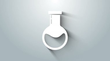 Beyaz test tüpü ve matara. Gri arkaplanda kimyasal laboratuvar ikonu var. Laboratuvar cam levhası. 4K Video hareketli grafik canlandırması