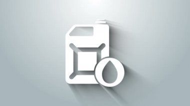 Gri arka planda izole edilmiş motor makine yağı ikonu için beyaz plastik kutu. Benzin bidonu. Yağ değiştirme ve onarım servisi. 4K Video hareketli grafik canlandırması