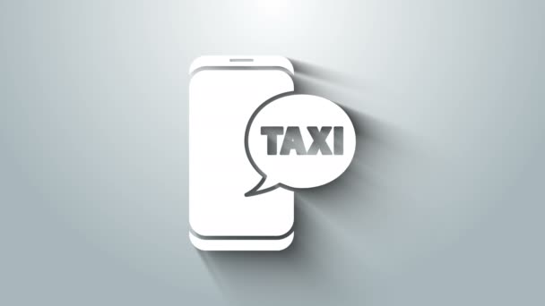 White Taxi opkald telefonikon isoleret på grå baggrund. Taxa til smartphone. 4K Video bevægelse grafisk animation – Stock-video