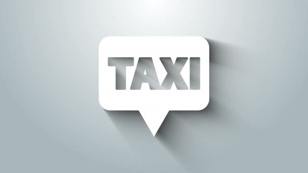 グレーの背景にタクシーアイコンが隔離されたホワイトマップポインタ。場所のシンボル。4Kビデオモーショングラフィックアニメーション — ストック動画