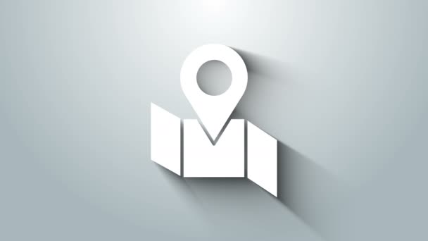 Mappa ripiegata bianca con icona del segnaposto isolata su sfondo grigio. Animazione grafica 4K Video motion — Video Stock