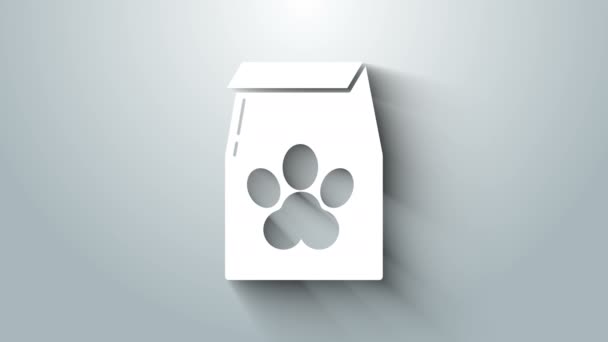 Biały worek żywności dla ikony zwierzaka izolowany na szarym tle. Jedzenie dla zwierząt. Paczka karmy dla zwierząt. Odcisk palca psa lub kota. 4K Animacja graficzna ruchu wideo — Wideo stockowe