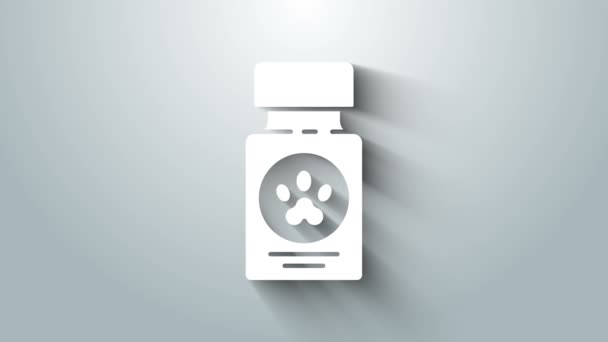 Butelka z lekami White Dog i ikona tabletek odizolowana na szarym tle. Pojemnik z tabletkami. Lek na receptę dla zwierząt. 4K Animacja graficzna ruchu wideo — Wideo stockowe