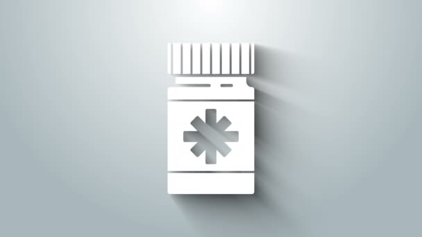 Bílý pes lék láhev a pilulky ikona izolované na šedém pozadí. Kontejner s prášky. Lék na předpis pro zvířata. Grafická animace pohybu videa 4K — Stock video