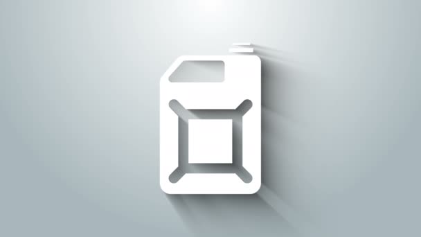 Bílá kanystr pro benzín ikona izolované na šedém pozadí. Ikona nafty. Grafická animace pohybu videa 4K — Stock video
