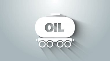 Beyaz Petrol Sarnıç simgesi gri arkaplanda izole edildi. Tren vagonundaki petrol tankı. Demiryolu nakliyesi. Petrol endüstrisi. 4K Video hareketli grafik canlandırması