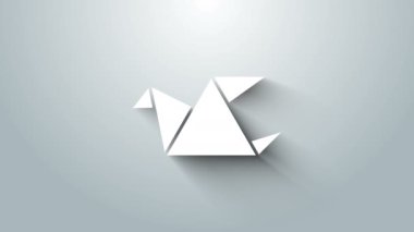 Beyaz Origami kuş simgesi gri arkaplanda izole edildi. 4K Video hareketli grafik canlandırması