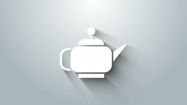 Beyaz Geleneksel Japon çay töreni ikonu gri arka planda izole edildi. Fincanlı çaydanlık. 4K Video hareketli grafik canlandırması