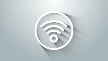 Beyaz Wi-Fi kablosuz internet ağı sembolü gri arka planda izole edildi. 4K Video hareketli grafik canlandırması