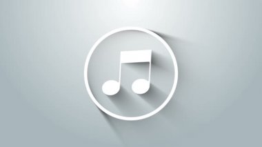 Beyaz müzik notası, ton simgesi gri arkaplanda izole edilmiş. 4K Video hareketli grafik canlandırması