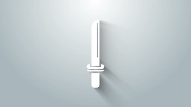 Blanco Icono tradicional japonés de katana aislado sobre fondo gris. Espada japonesa. Animación gráfica de vídeo 4K — Vídeo de stock