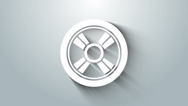 Biała ikona koła samochodu na szarym tle. 4K Animacja graficzna ruchu wideo — Wideo stockowe