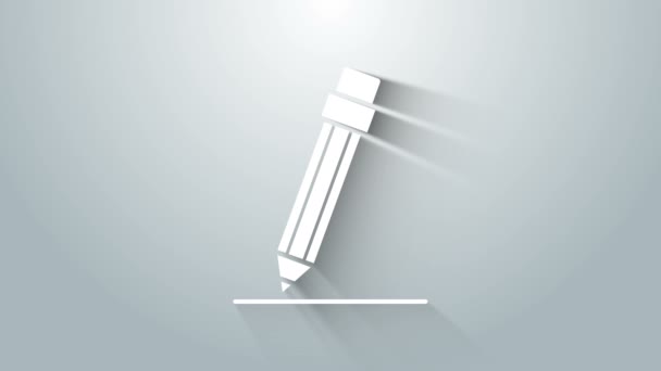 Bílá tužka s gumou a ikonou čáry izolovaná na šedém pozadí. Značka vzdělání. Kreslicí a vzdělávací nástroje. Grafická animace pohybu videa 4K — Stock video