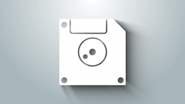 Disco flexível branco para o ícone de armazenamento de dados do computador isolado no fundo cinza. Sinal de disquete. Animação gráfica em movimento de vídeo 4K — Vídeo de Stock