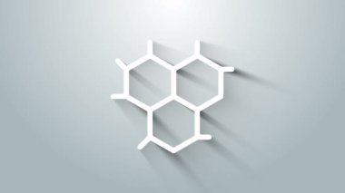 Beyaz Kimyasal Formül simgesi gri arkaplanda izole edildi. Yenilikçi tıp, sağlık, araştırma ve bilim için soyut altıgen. 4K Video hareketli grafik canlandırması