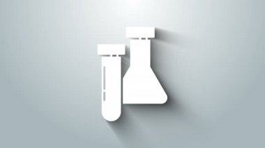 Gri arkaplanda beyaz test tüpü ve kimyasal test ikonu izole edildi. Laboratuvar cam levhası. 4K Video hareketli grafik canlandırması