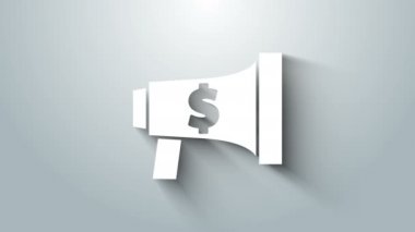 Beyaz megafon ve dolar simgesi gri arkaplanda izole edilmiş. Yüksek sesle konuşma uyarısı. Ağızlık için megafon, terfi diye bağırıyor. 4K Video hareketli grafik canlandırması