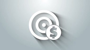 Gri arkaplanda dolar sembolü olan beyaz hedef. Yatırım hedef simgesi. Başarılı iş konsepti. Nakit ya da para. 4K Video hareketli grafik canlandırması